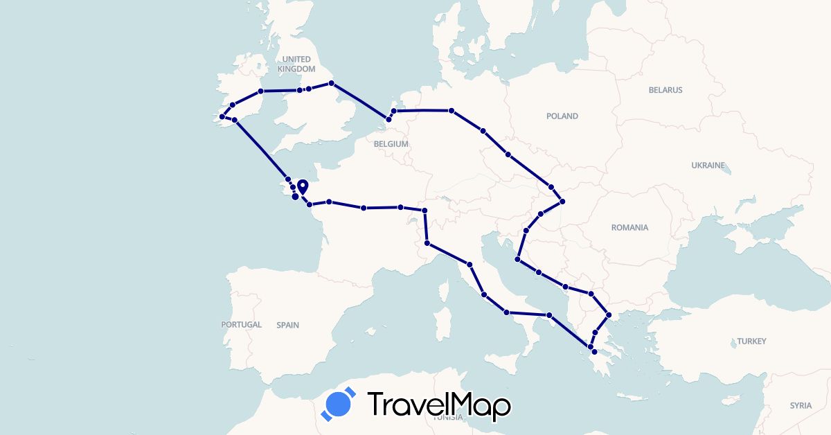 TravelMap itinerary: driving in Switzerland, Czech Republic, Germany, France, United Kingdom, Greece, Croatia, Hungary, Ireland, Italy, Montenegro, Macedonia, Netherlands, Slovakia (Europe)